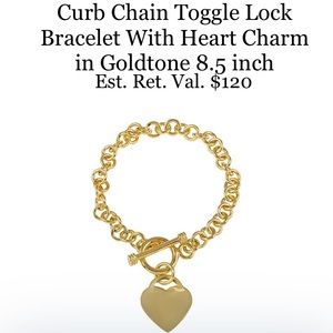 Curb Chain Toggle Lock Bracelet With Heart Charm in Goldtone 8.5 inch